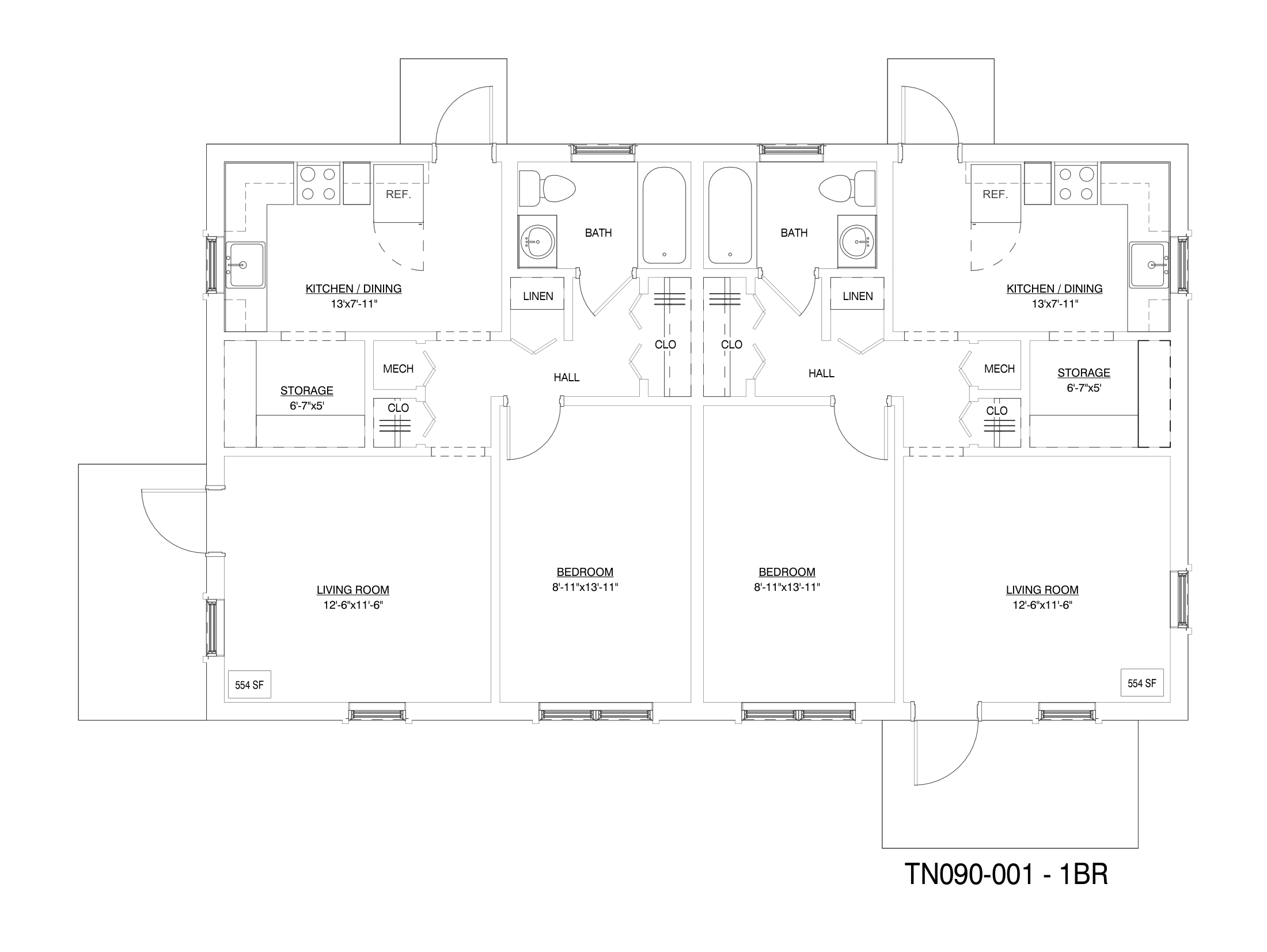 TN090-001: 1-bedroom plan sheet. Drawing. See description below.