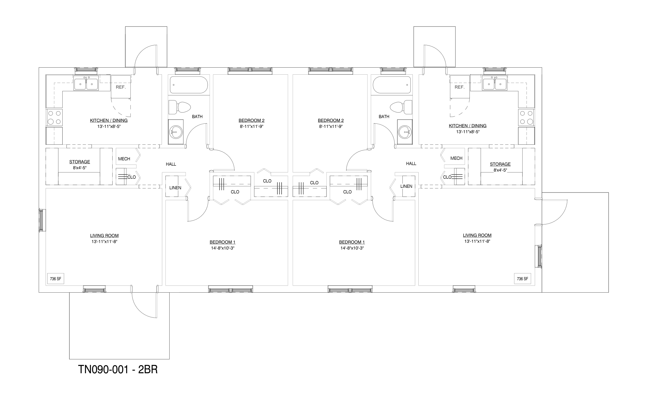TN090-001: 2-bedroom plan sheet. Drawing. See description below.