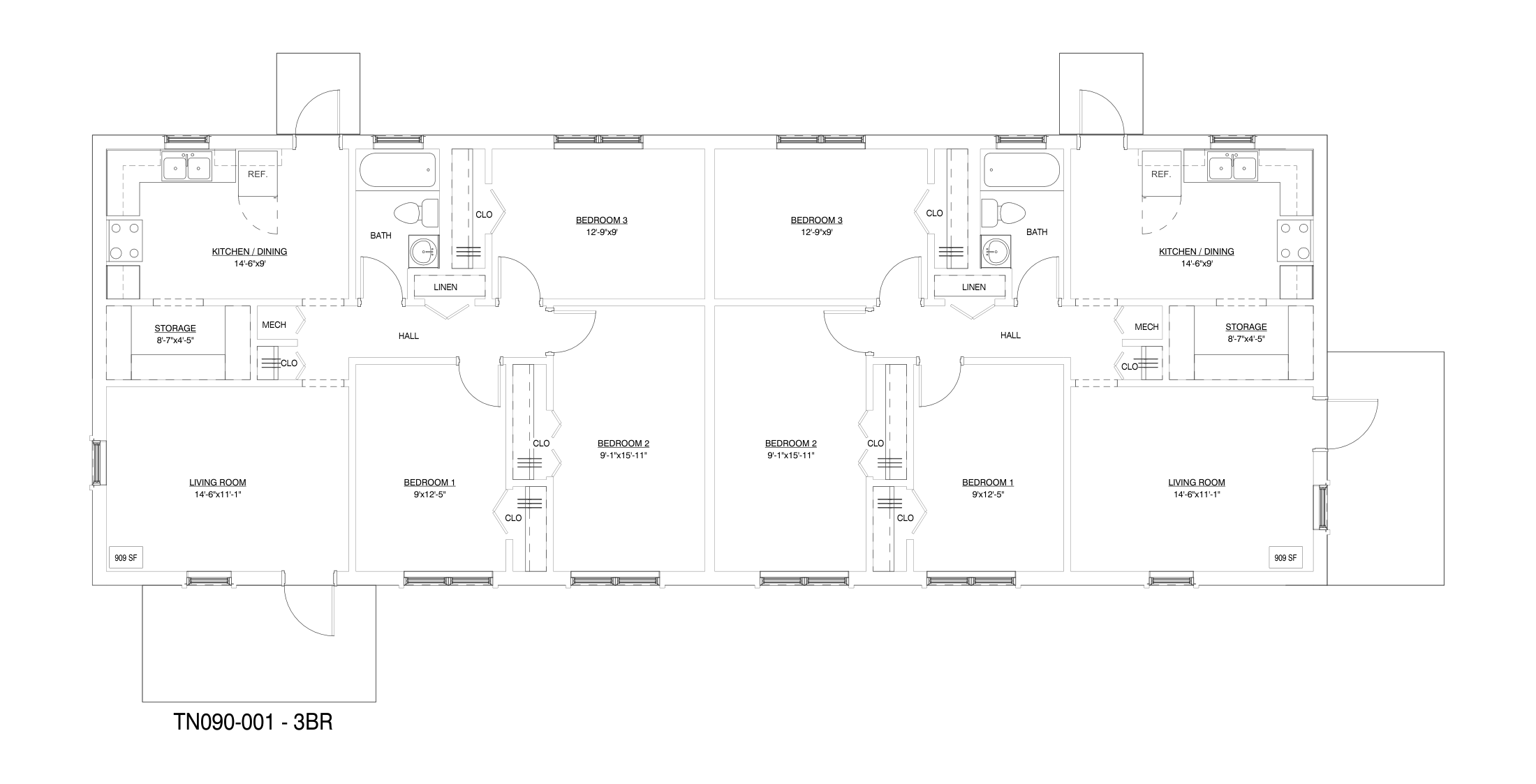 TN090-001: 3-bedroom plan sheet. Drawing. See description below.