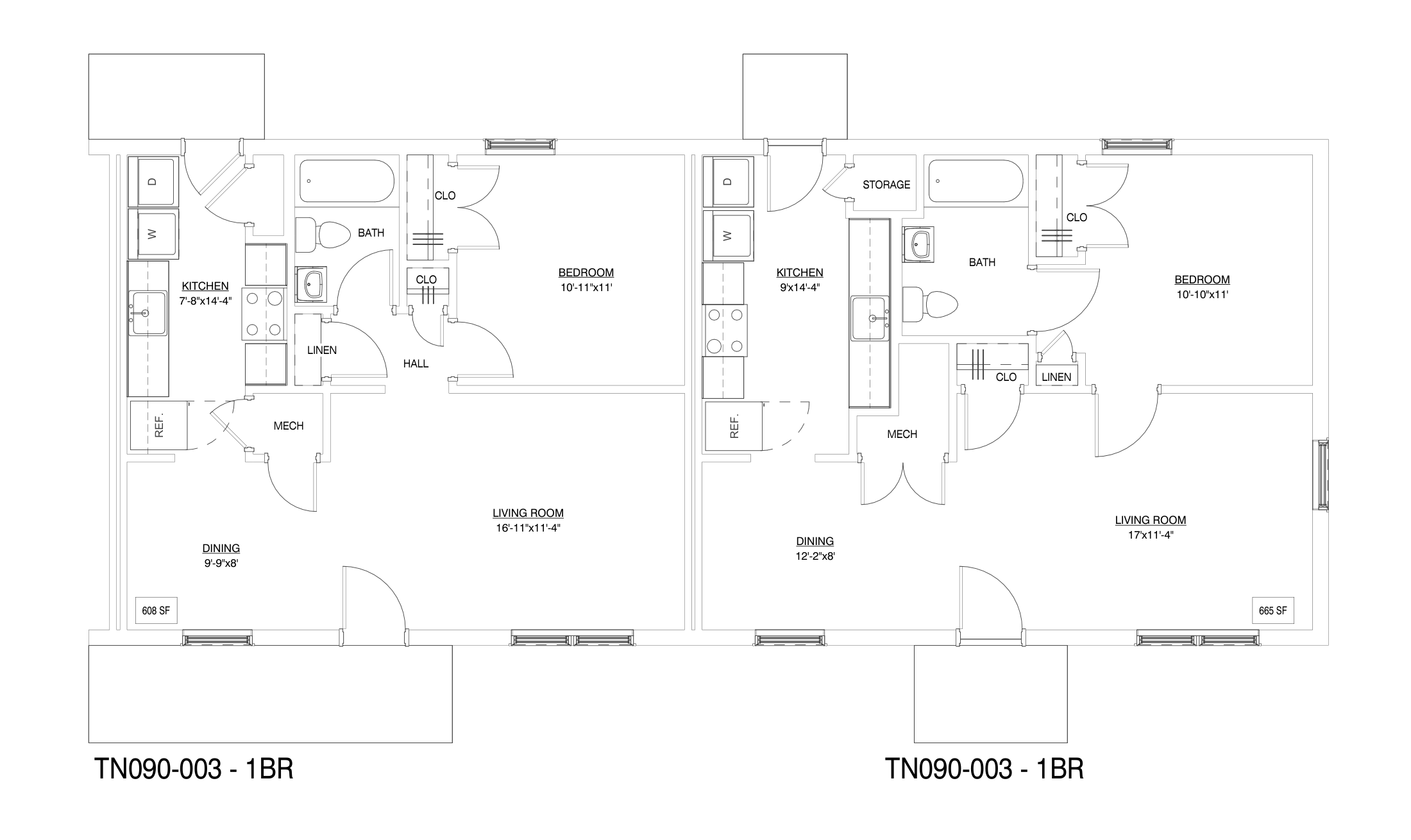 TN090-003: 1-bedroom plan sheet. Drawing. See description below.