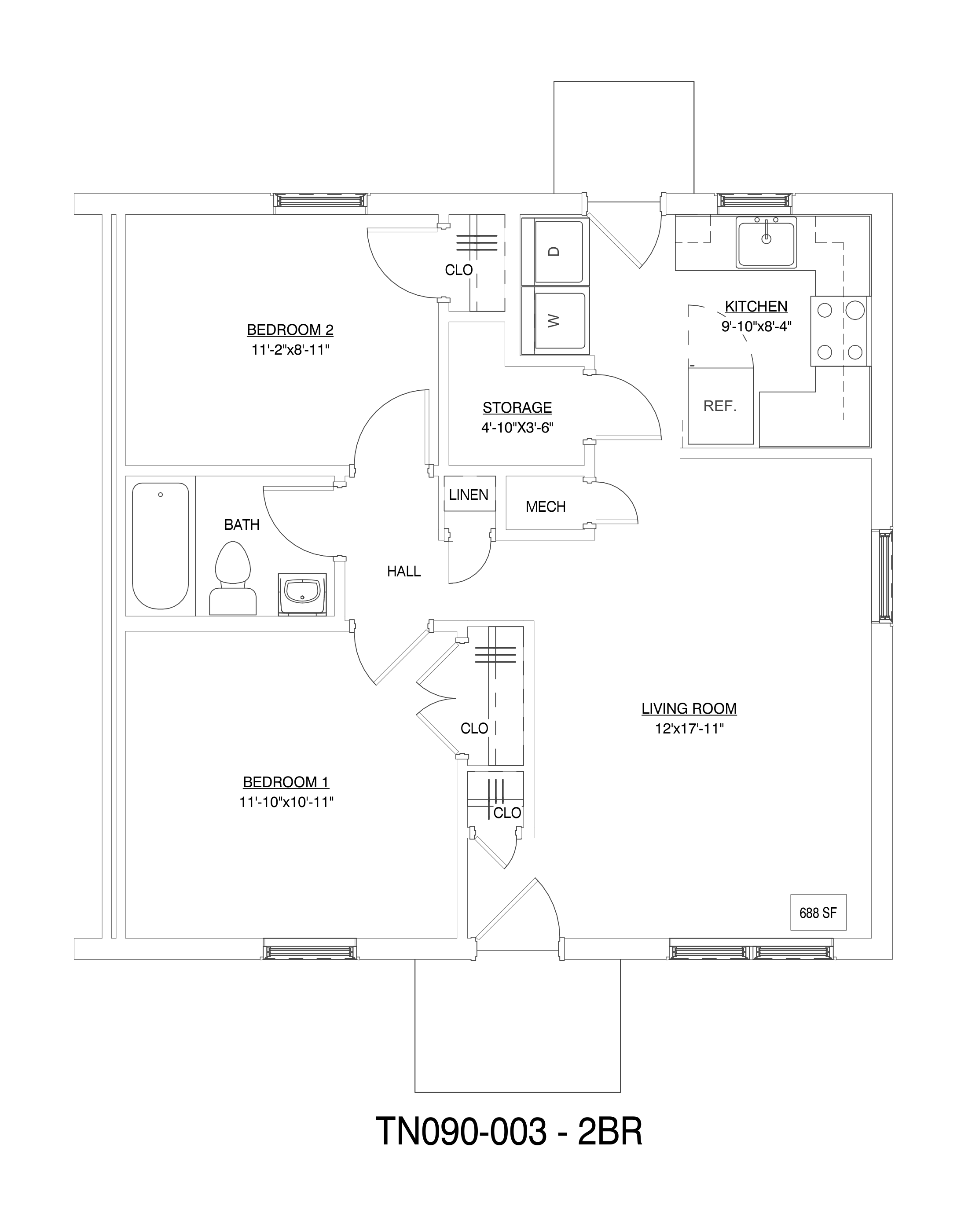 TN090-003: 2-bedroom plan sheet. Drawing. See description below.